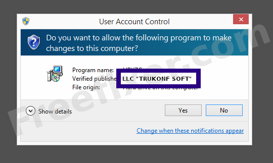 Screenshot where LLC "TRUKONF SOFT" appears as the verified publisher in the UAC dialog